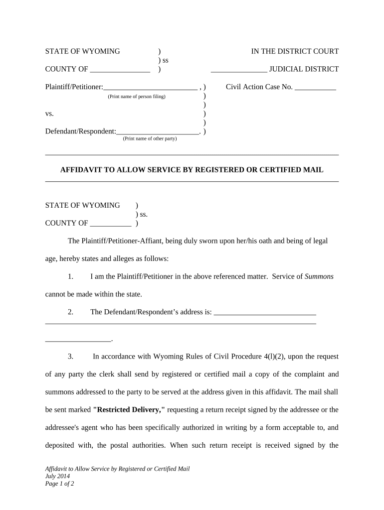 Affidavit to Allow Service by Registered or Certified Mail for Child Custody Modification Wyoming  Form