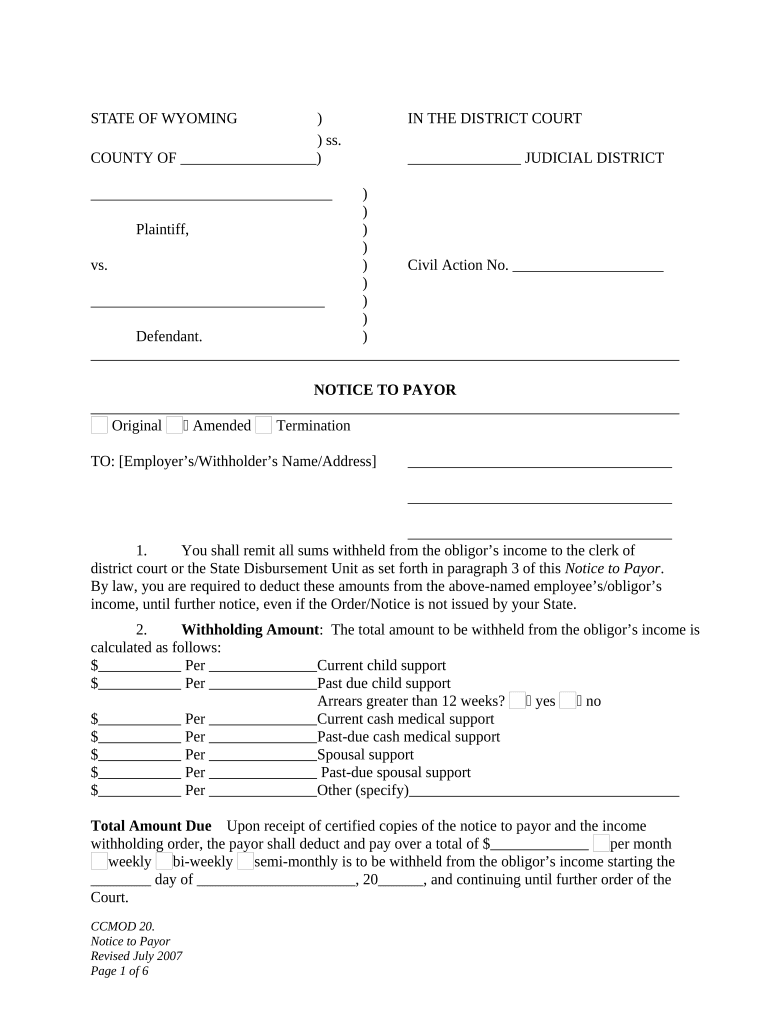 Notice to Payor for Child Custody Modification Wyoming  Form