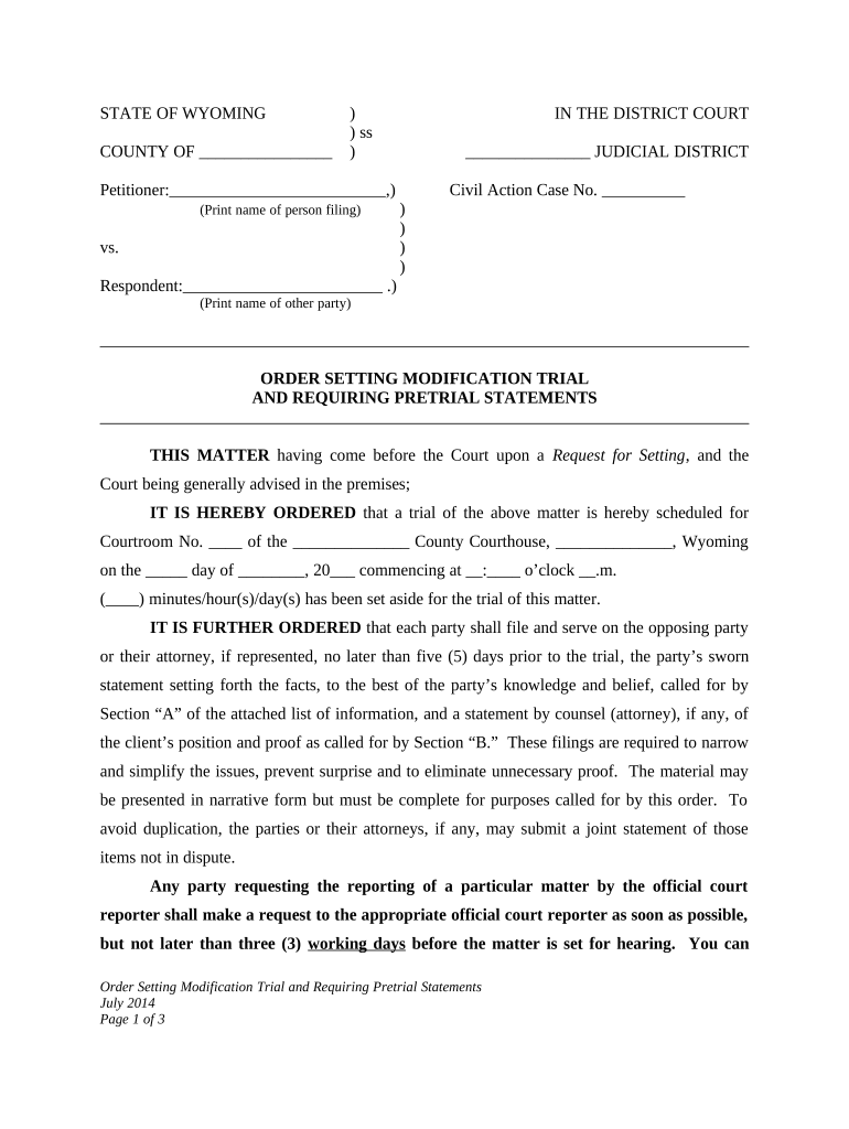 Order Setting Modification Trial and Requiring Pretrial Statements for Child Custody Modification Wyoming  Form