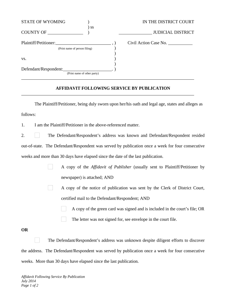 Affidavit Following Service by Publication Wyoming  Form