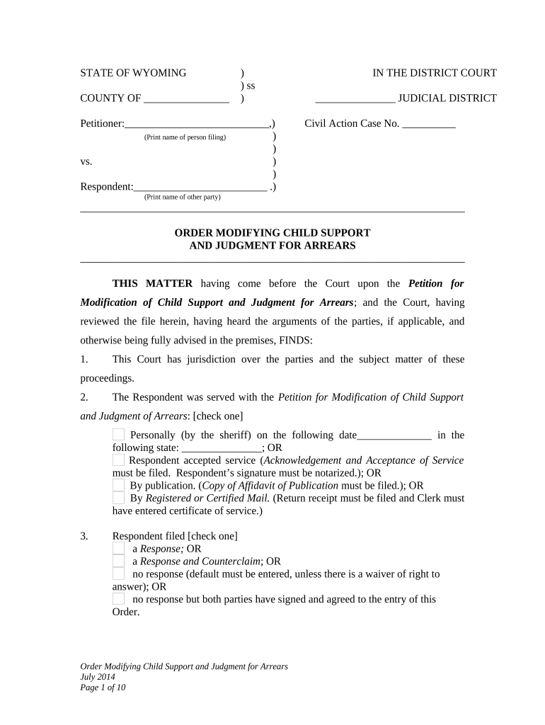 Order Modifying Child Support and Judgment for Arrears for Child Support Modification Wyoming  Form