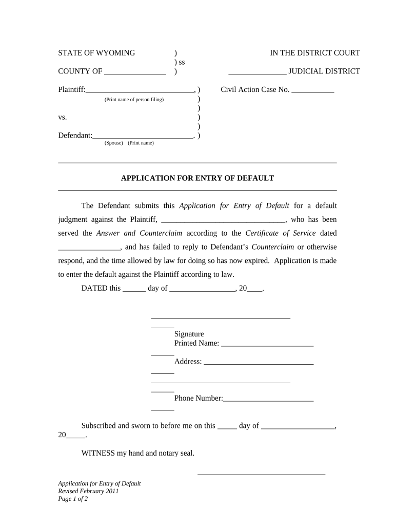 Application for Entry of Default Wyoming  Form