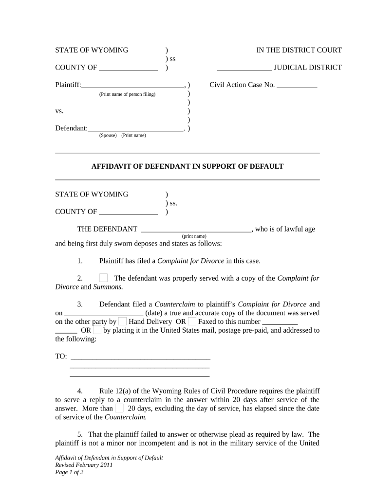 Affidavit of Defendant in Support of Default Wyoming  Form