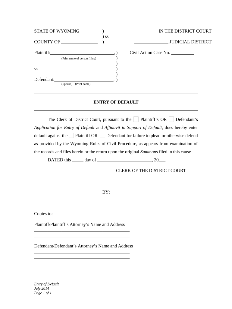 Entry of Default Wyoming  Form