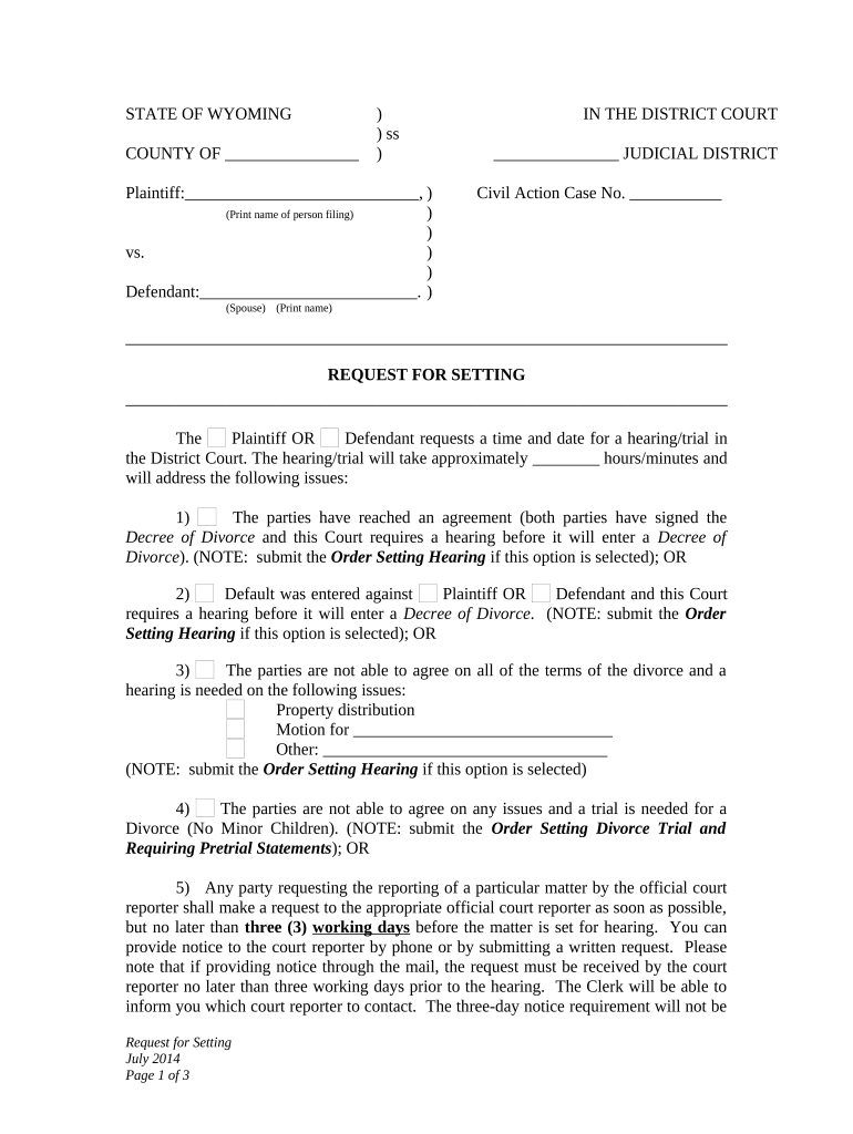 Request for Setting Wyoming  Form