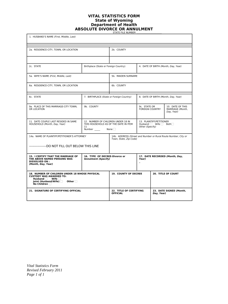 Vital Statistics Form State of Wyoming Department of Health Absolute Divorce or Annulment for Plaintiff Without Children Wyoming