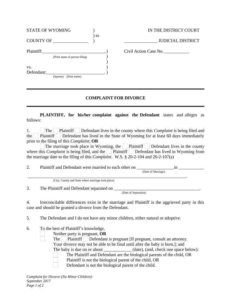Complaint for Divorce for Plaintiff Without Children Wyoming  Form