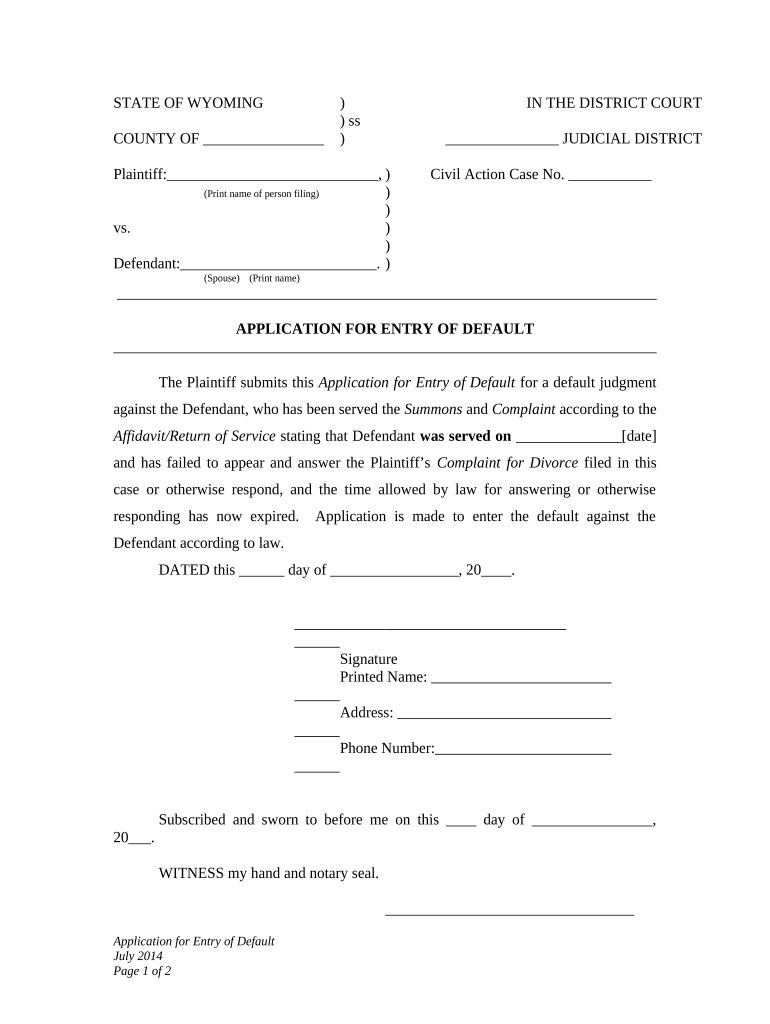 Application for Entry of Default Wyoming  Form