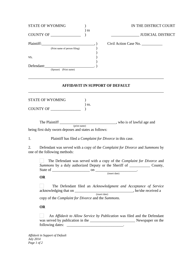 Affidavit of Plaintiff in Support of Default Wyoming  Form