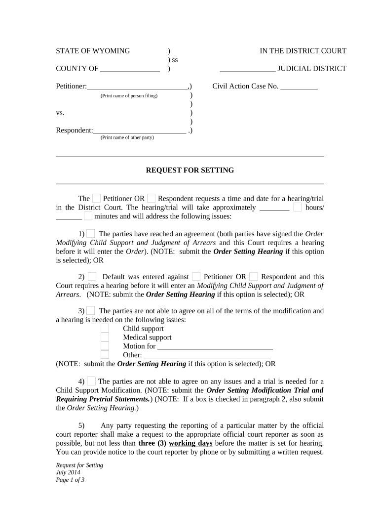 Request for Setting Wyoming  Form