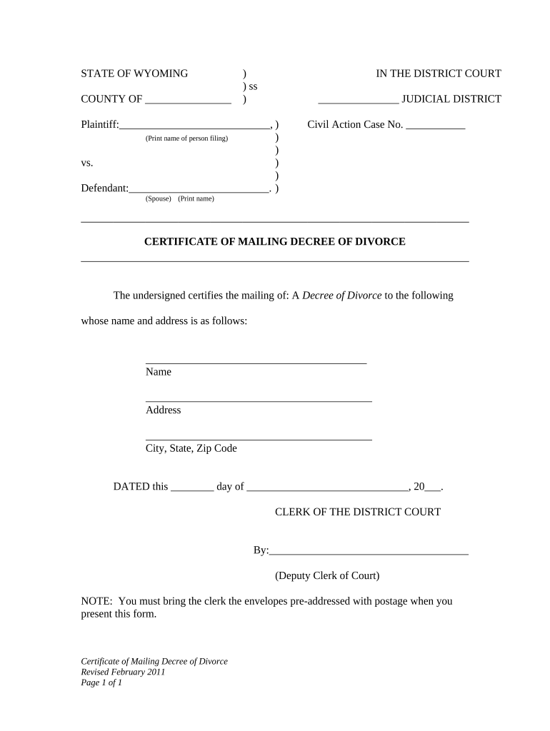 Certificate Divorce Decree  Form