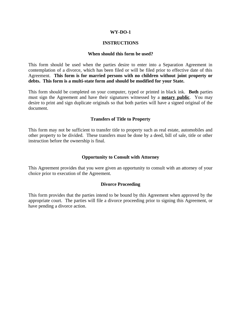 Marital Domestic Separation and Property Settlement Agreement for Persons with No Children, No Joint Property or Debts Where Div  Form