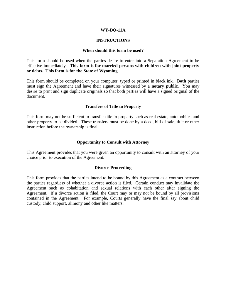 Marital Domestic Separation and Property Settlement Agreement Minor Children Parties May Have Joint Property or Debts Effective   Form