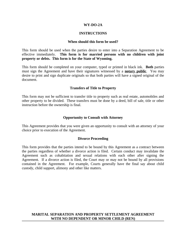 Marital Domestic Separation and Property Settlement Agreement No Children Parties May Have Joint Property or Debts Effective Imm  Form