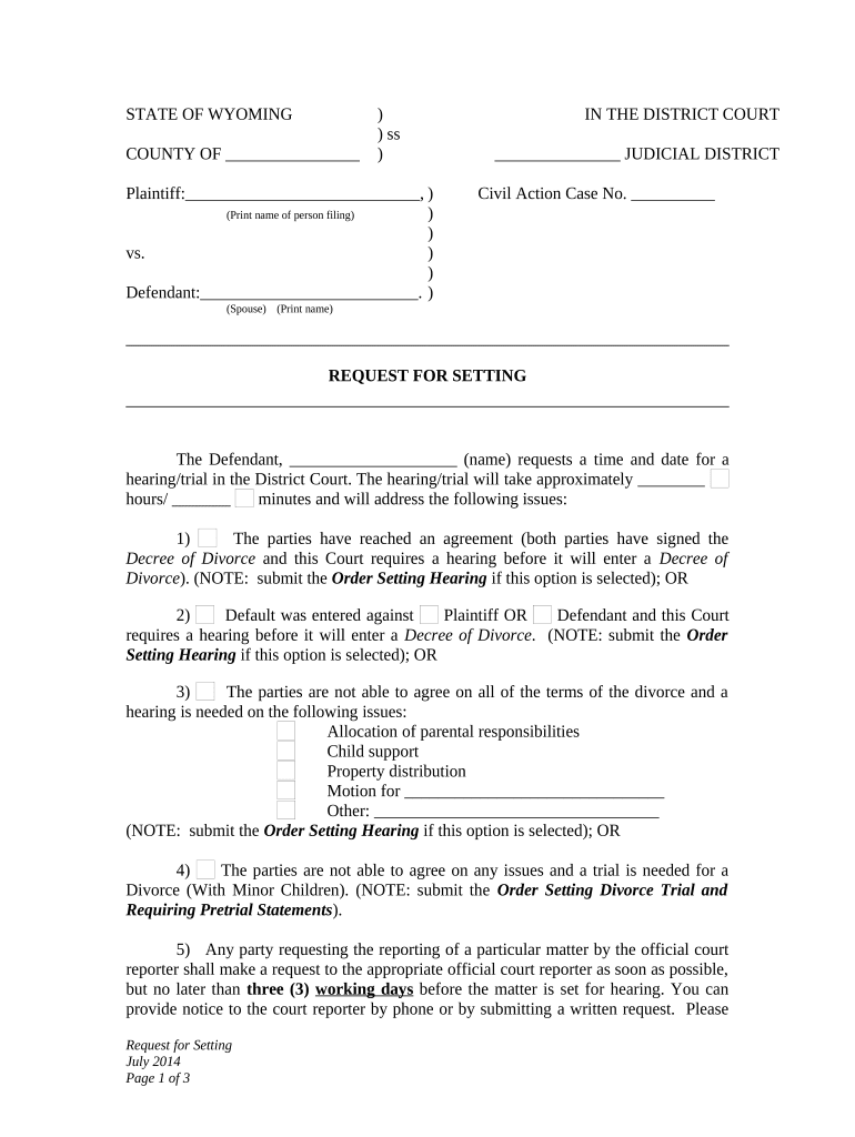 Request for Setting Wyoming  Form