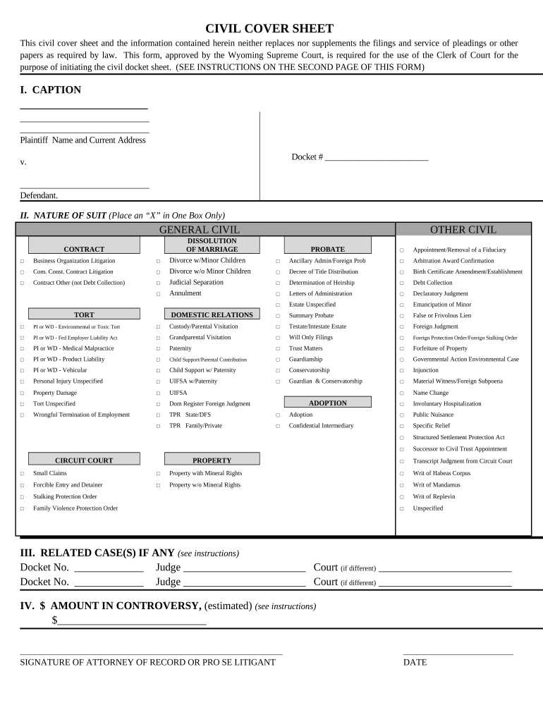 Wyoming Civil Cover Sheet  Form