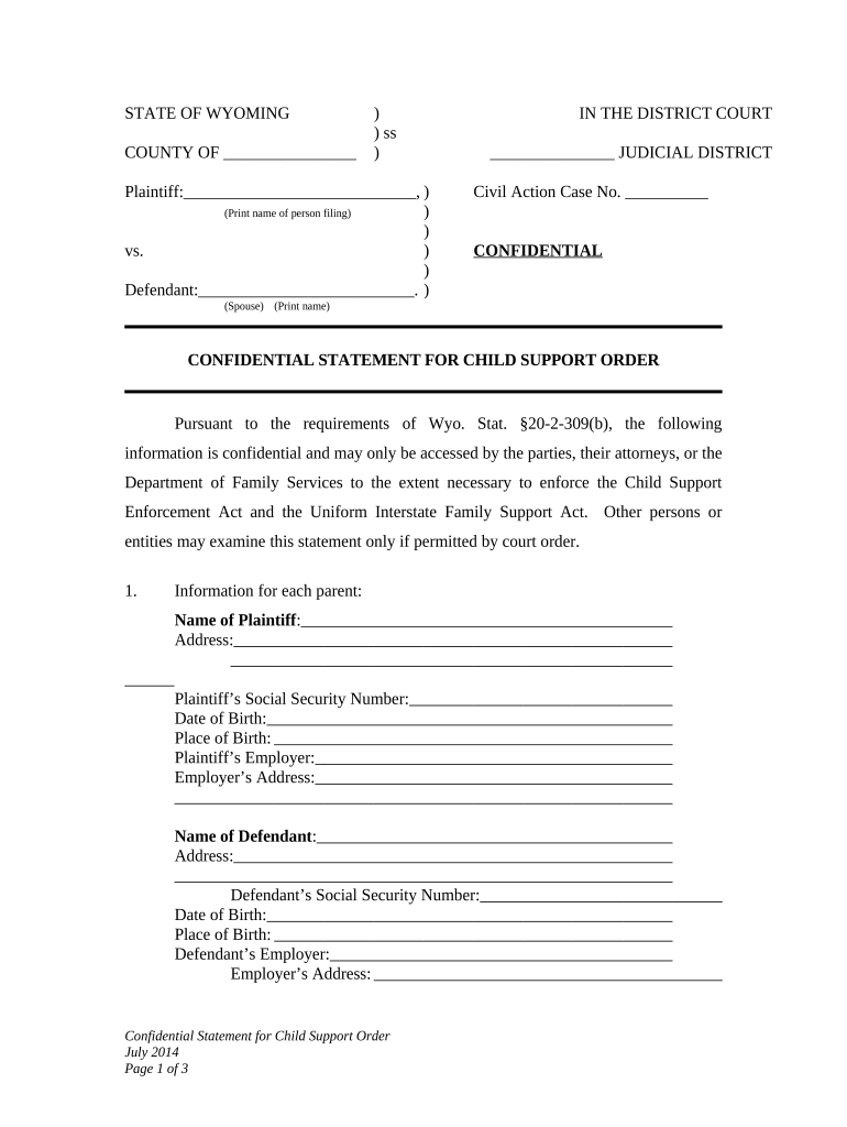 Wyoming Child Support  Form