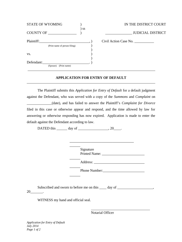 Application for Entry of Default Wyoming  Form
