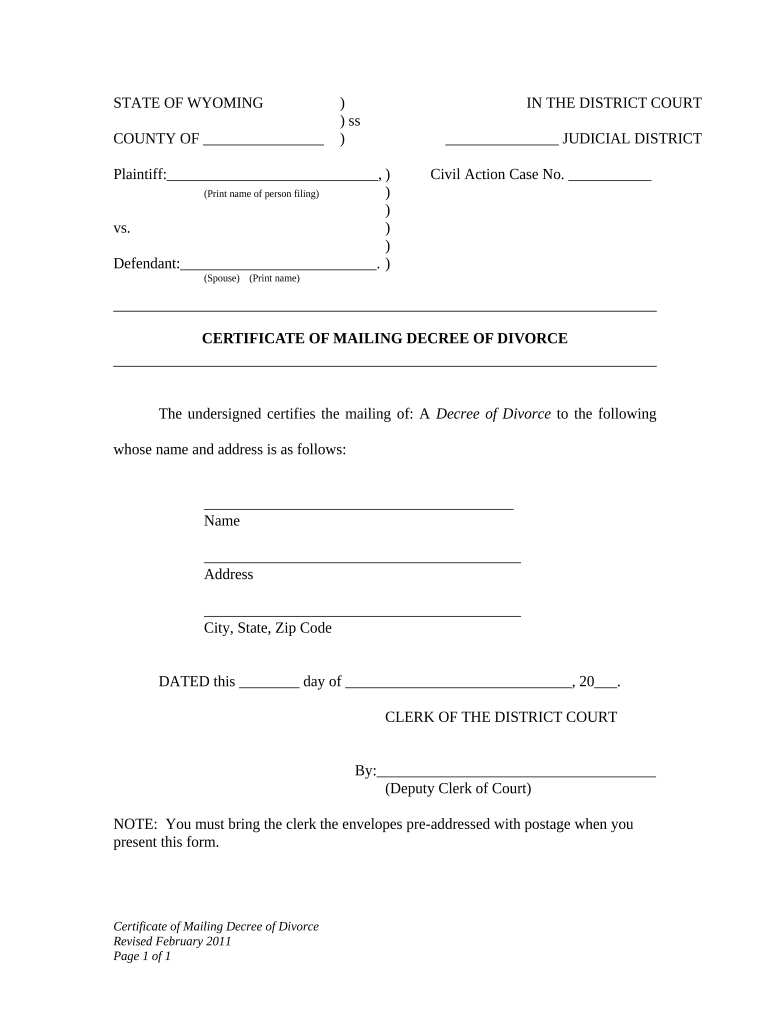 Certificate of Mailing Decree of Divorce Wyoming  Form