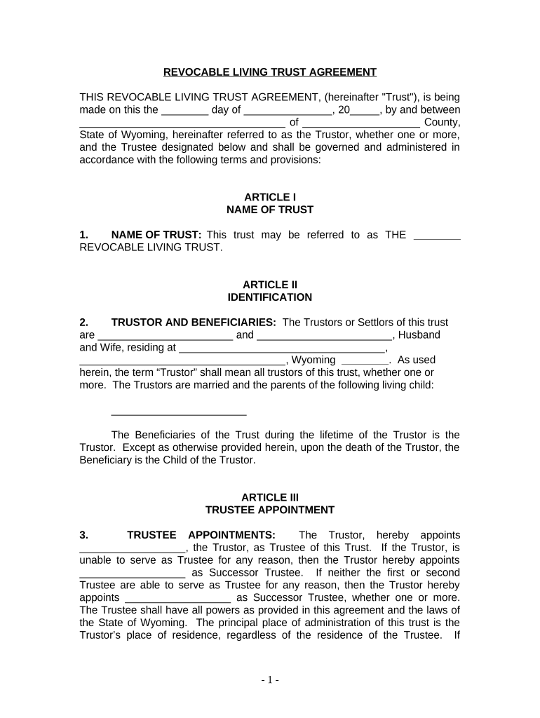 Living Trust for Husband and Wife with One Child Wyoming  Form