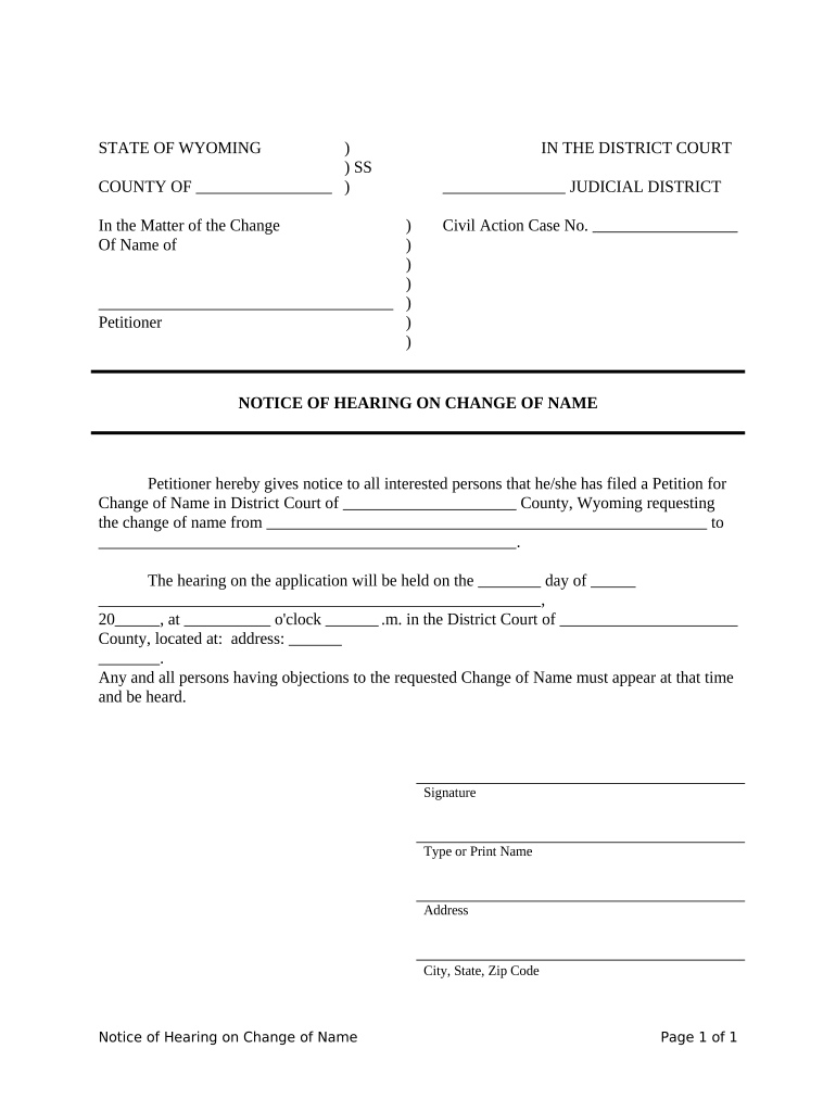 Notice of Hearing on Change of Name Adult, Minor Wyoming  Form