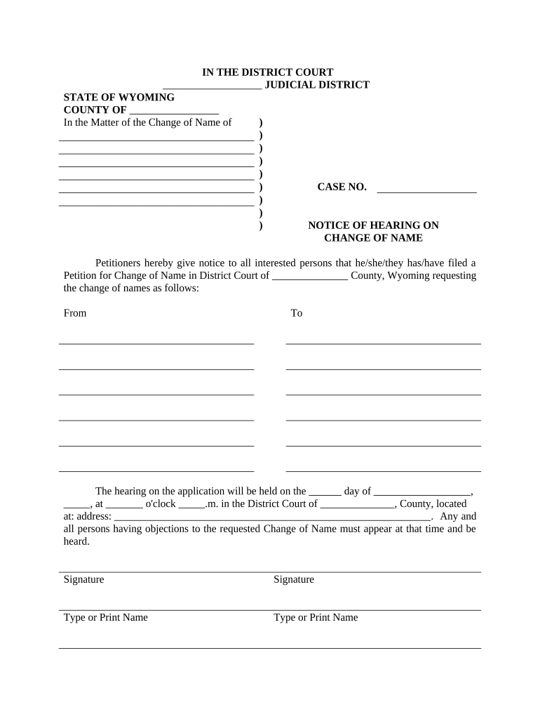 Notice of Hearing for Name Change for Family Wyoming  Form