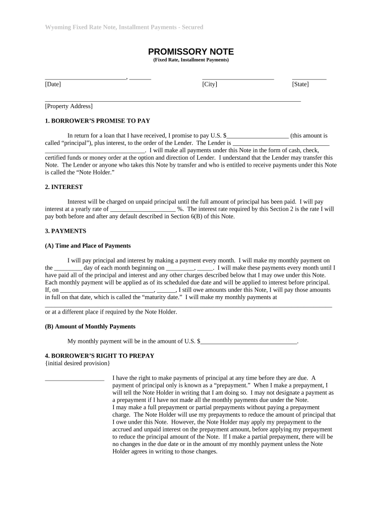 Promissory Note with Installment Payments and Fixed Rate Wyoming  Form