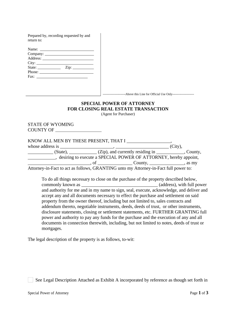 Special or Limited Power of Attorney for Real Estate Purchase Transaction by Purchaser Wyoming  Form