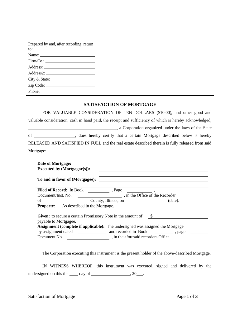 Satisfaction, Release or Cancellation of Mortgage by Corporation Wyoming  Form
