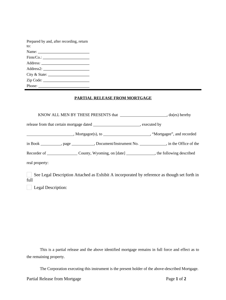 Partial Release of Property from Mortgage for Corporation Wyoming  Form