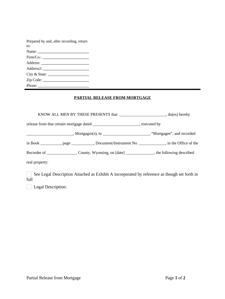 Partial Release of Property from Mortgage by Individual Holder Wyoming  Form