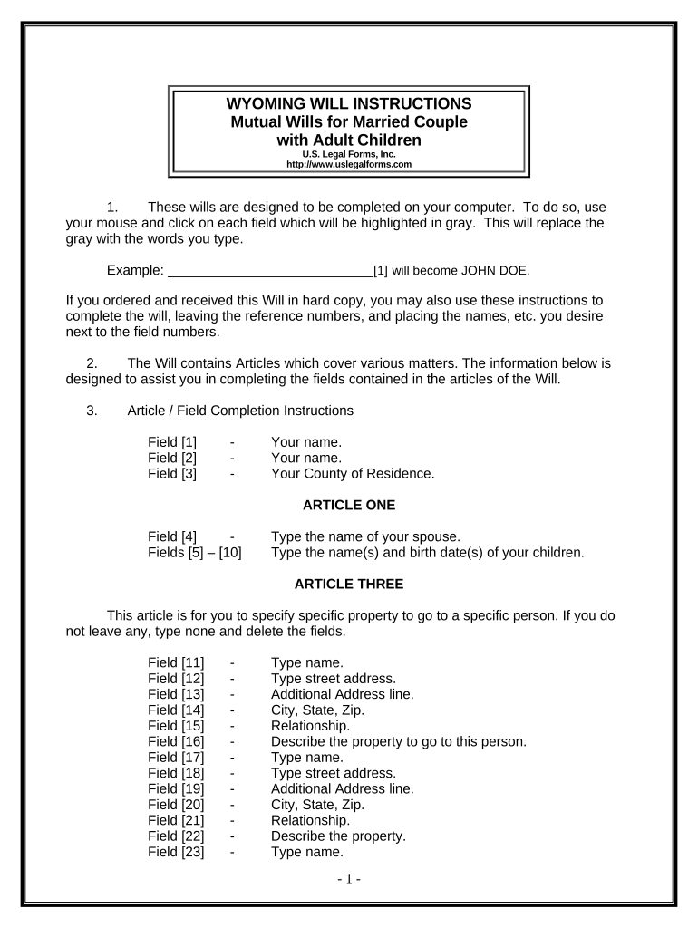 Fill and Sign the Mutual Wills Package with Last Wills and Testaments for Married Couple with Adult Children Wyoming Form