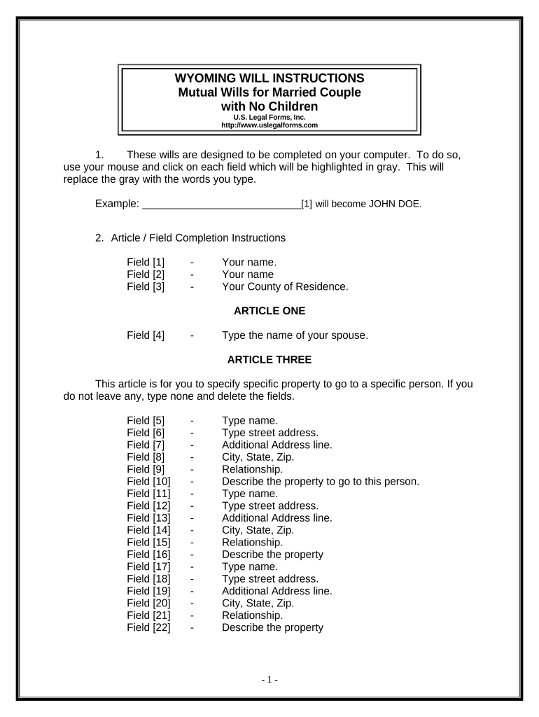 Fill and Sign the Mutual Wills Package with Last Wills and Testaments for Married Couple with No Children Wyoming Form