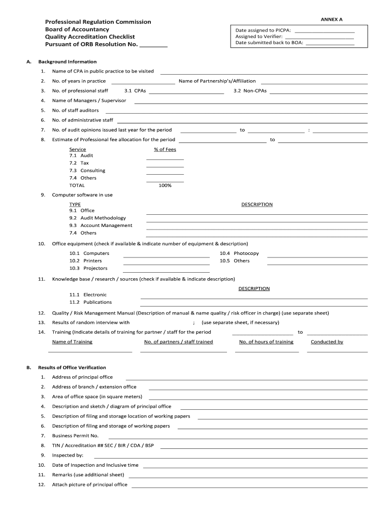 Quality Accreditation Checklist  Form