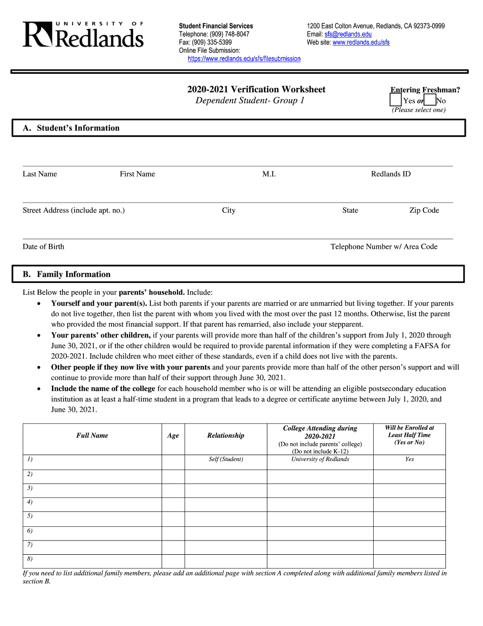 2021 Verification Worksheet Dependent Student Group 5  Form