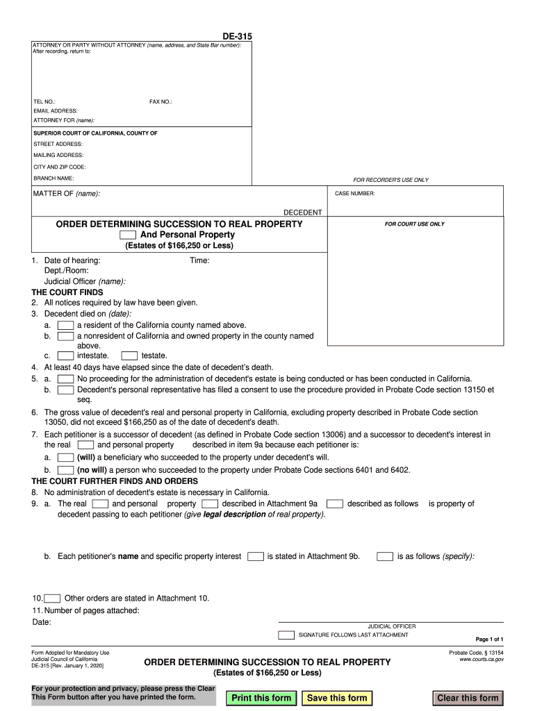  DE 315 Order Determining Succession to Real Property Estates of 2020-2024