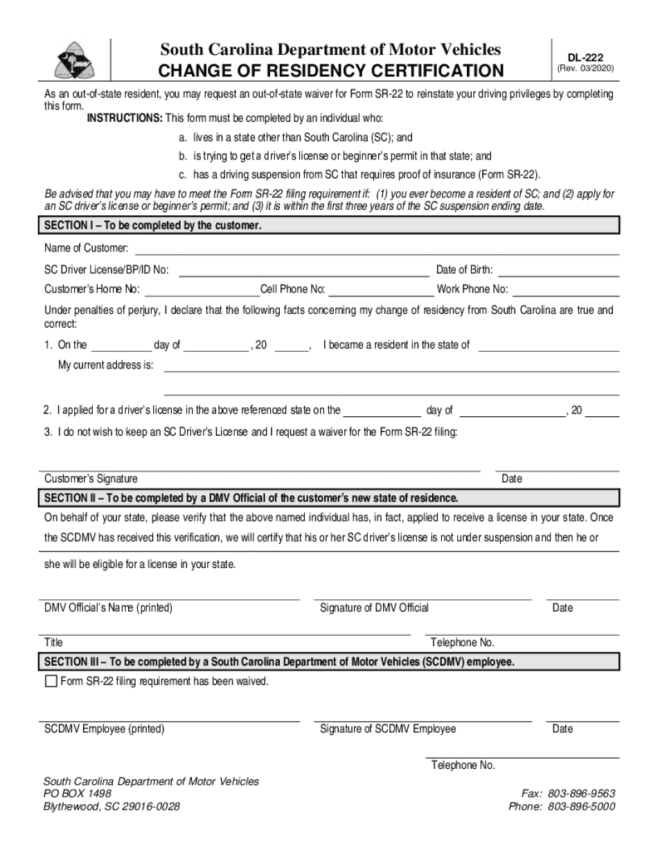  South Carolina Department of Motor Vehicles CHANGE of 2020-2024