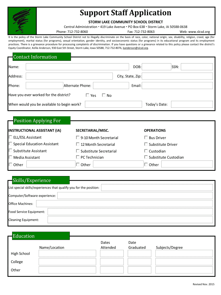 Support Staff Application Storm Lake Community School  Form