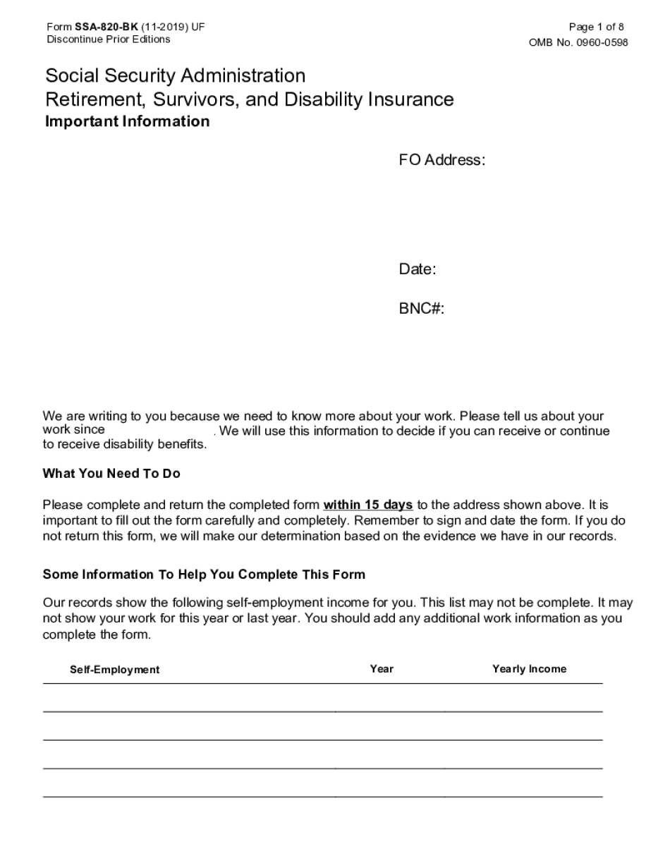 SSA 820 BK Work Activity Report Self Employment  Form