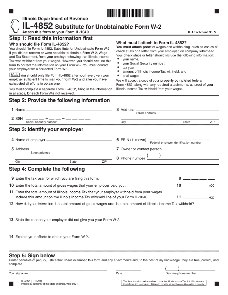  IL 4852, Substitute for Unobtainable Form W 2 IL 4852 Substitute for Unobtainable Form W 2 2019-2024