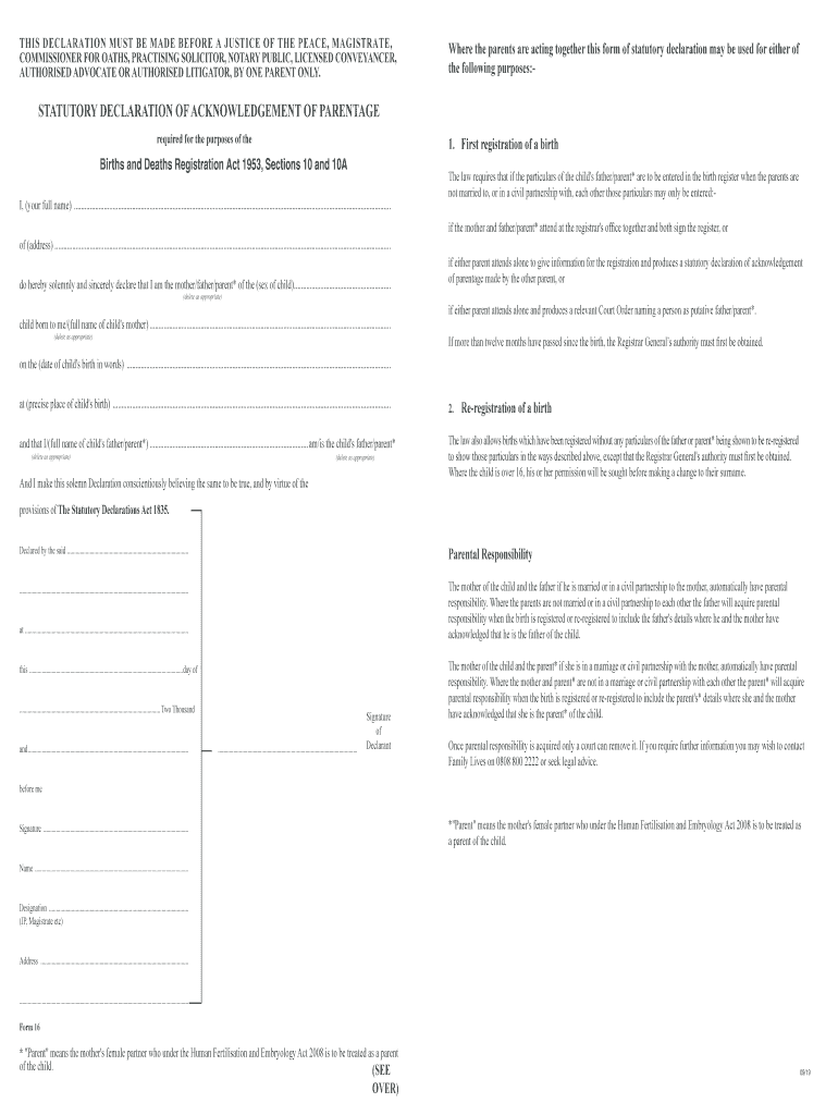  Statutory Declaration of Acknowledgement of Parentage Form 2019