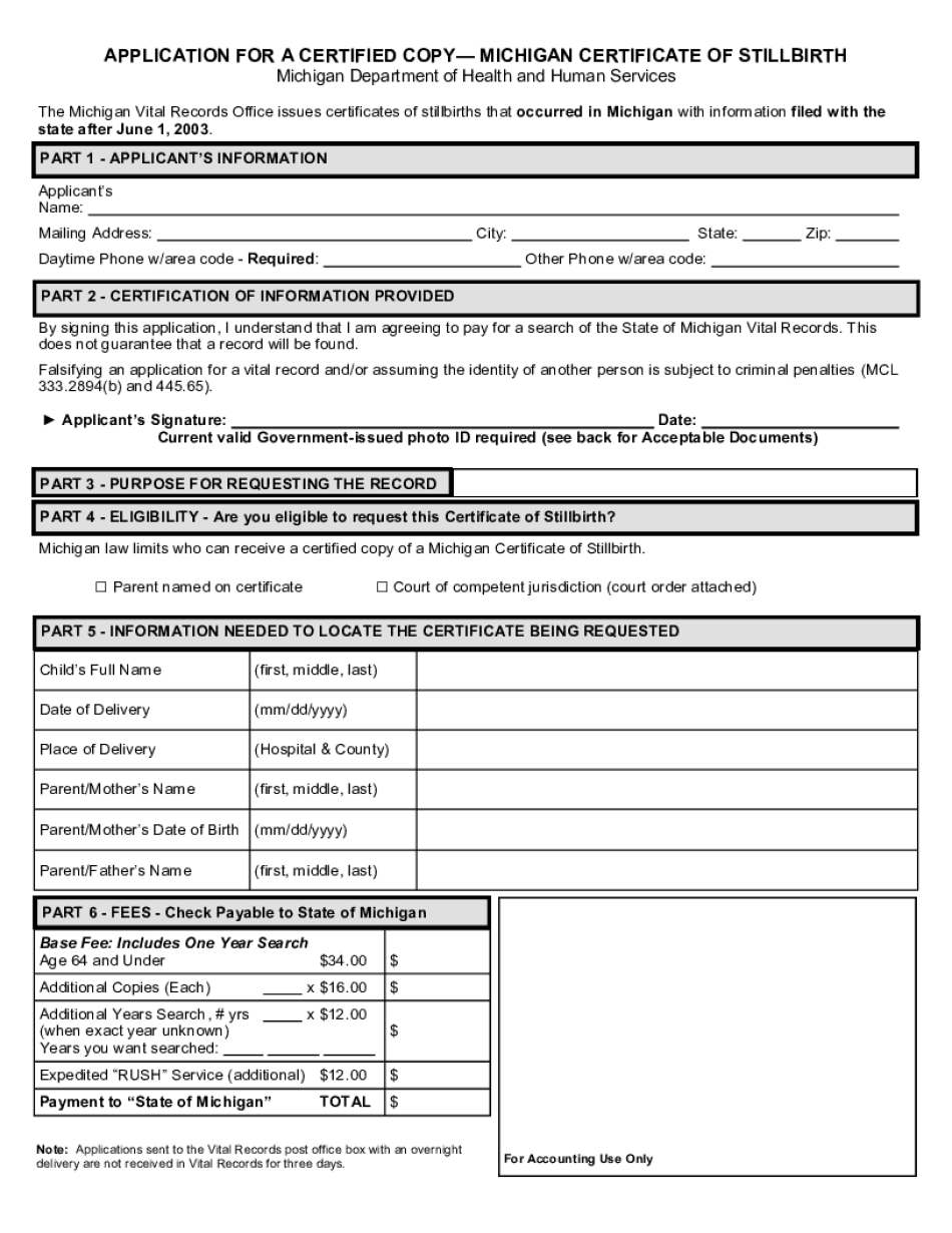 APPLICATION for a CERTIFIED COPY MICHIGAN CERTIFICATE of  Form