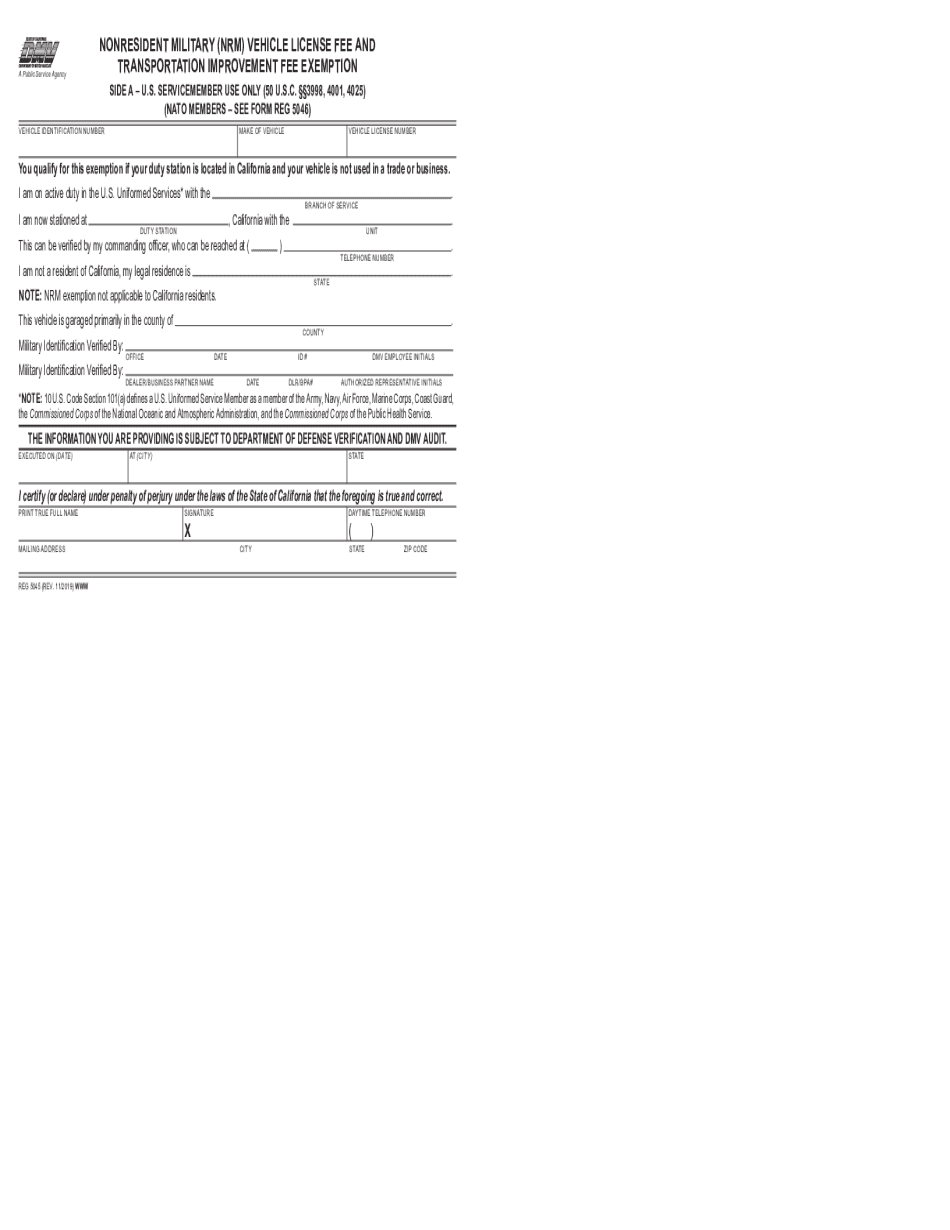 REG 5045, Nonresident Military NRM Vehicle License Fee and Transportation Improvement Fee Exemption Index Ready This Form is Use