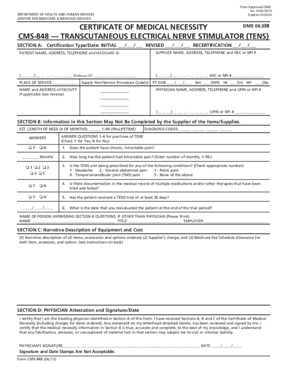 Certificate of Medical Neccessity CMS 848 Transcutaneous Electrical Nerve Stimulator TENS  Form