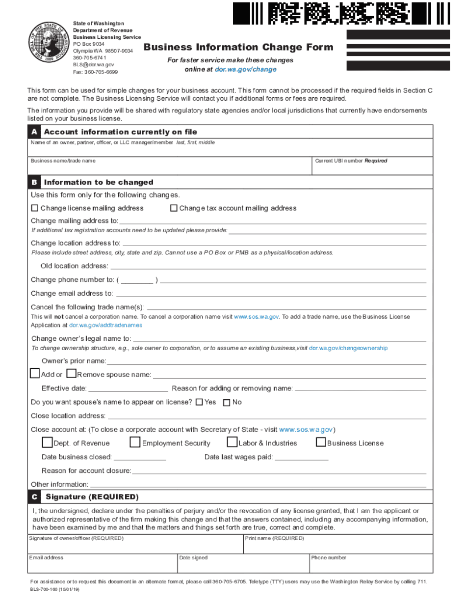 Business Information Change Form Washington State