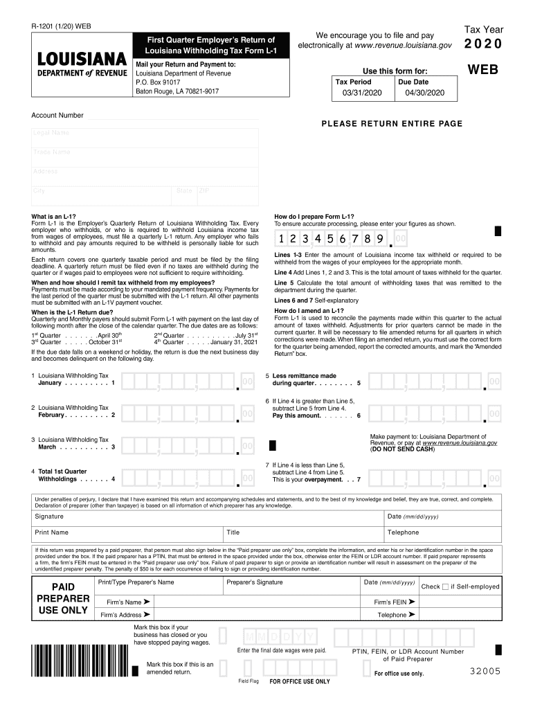 Louisiana L 1 4th Quarter 20202024 Form Fill Out and Sign Printable