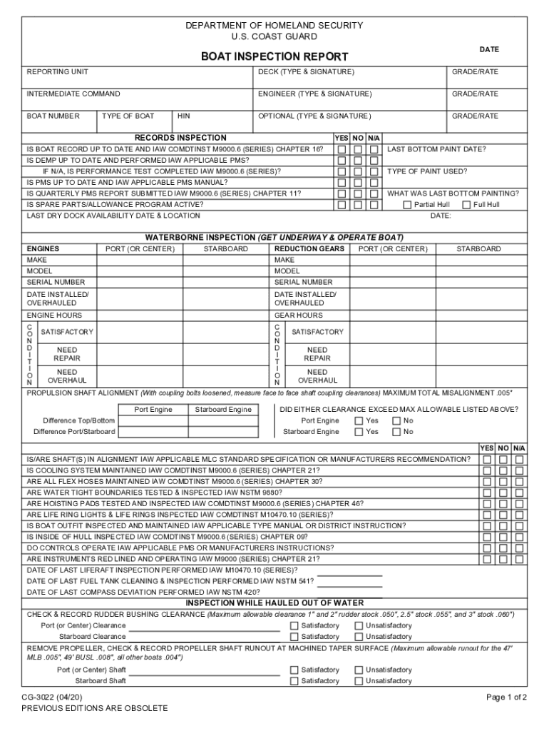 CG 3022 BOAT INSPECTION REPORT  Form