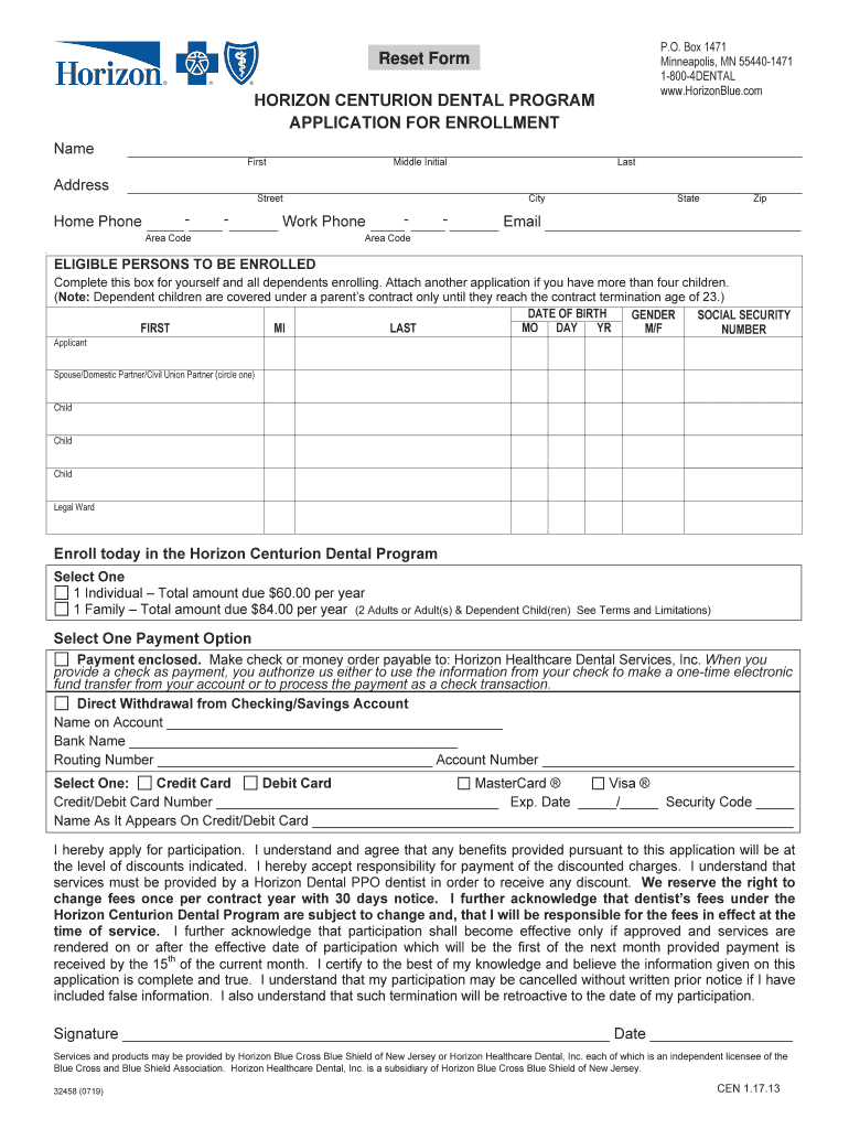 Horizon Centurion Dental Enrollment Application  Form