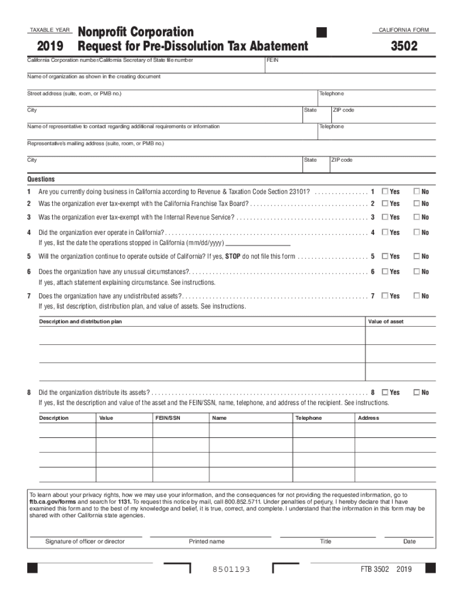  California Form 3502Nonprofit Corporation Request for Pre Dissolution Tax Abatement , California Form 3502,Nonprofit Corporation 2019