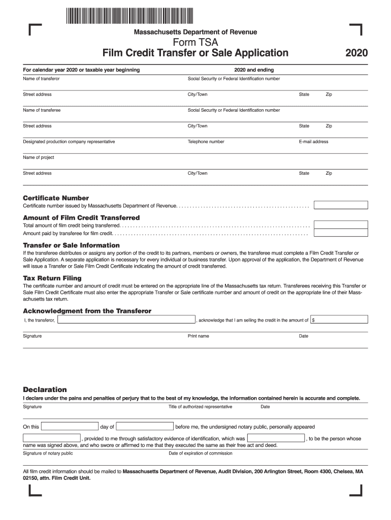  Massachusetts Form TSA Film Credit Transfer or Sale 2020